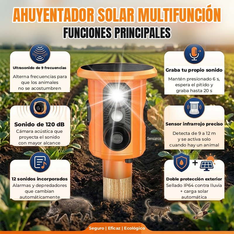 AHUYENTADOR SOLAR DE ANIMALES CON SIRENA 120 dB, ULTRASONIDO Y LUZ LED, CON SENSOR DE MOVIMIENTO |QSQ-188|