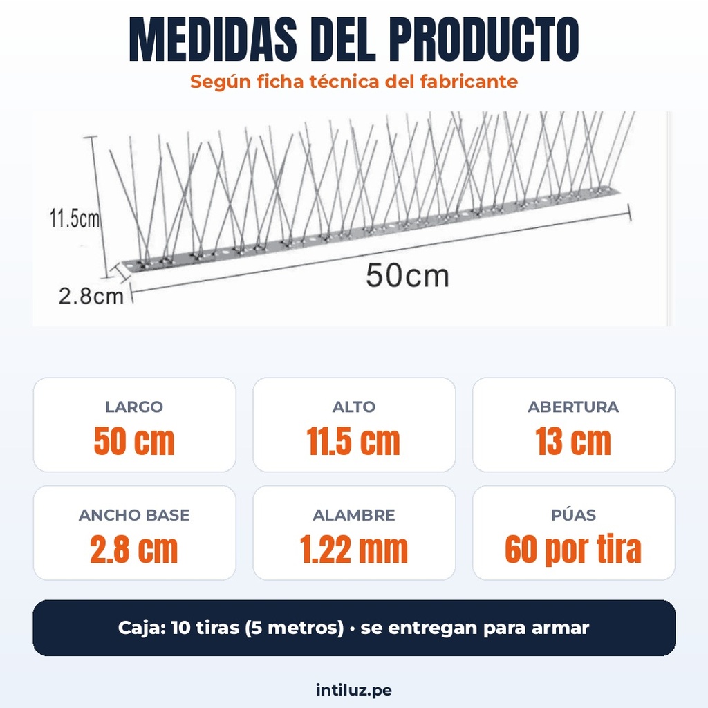 PUAS ANTIPALOMAS DE ACERO INOXIDABLE 304, 50cm, 60 PUAS |MY-PUAS50|