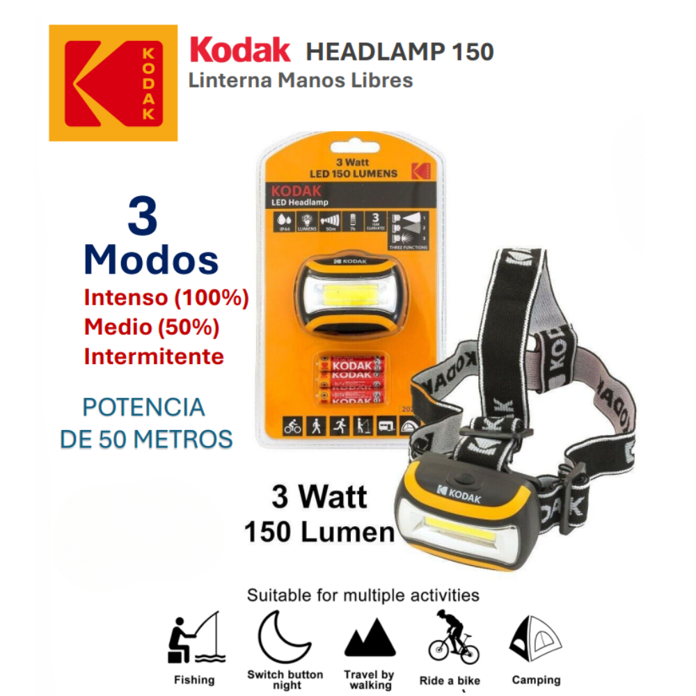 LINTERNA KODAK DE CABEZA  3W 150 LUMEN  HL04-K/3 + 3AHZ-3