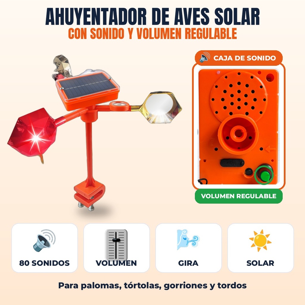 AHUYENTADOR DE AVES GIRATORIO A COLORES, SOLAR Y CON VIENTO,  80 SONIDOS |MYPT-03|  