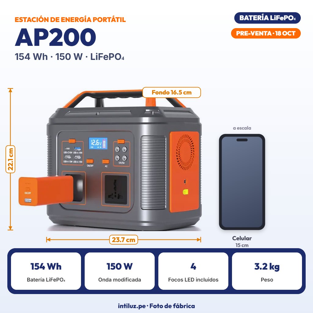 ESTACION DE ENERGIA PORTATIL 200W 154Wh BATERIA LIFEPO4 12.8V 12Ah |SL-AP200|