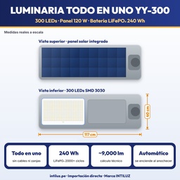 LUMINARIA SOLAR TODO EN UNO PARA ALUMBRADO PUBLICO 300 LEDS, PANEL 120W, BATERIA LIFEPO4 75Ah |JW-YY-300|