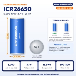 PILA RECARGABLE PKCELL 26650 LI-ION 3.7V 5000mAh REALES, PUNTA PLANA |PK-ICR26650-5000|